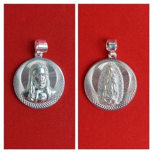925 Sterling‎ Silver Double Sided Pendant jesus/Virgin Guadalupe Charm Necklace